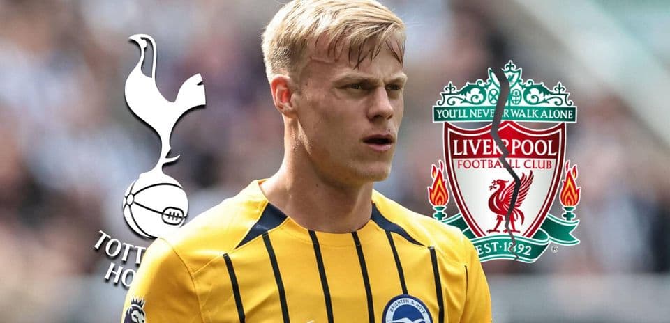 Jugador de Brighton con logotipos de Tottenham y Liverpool