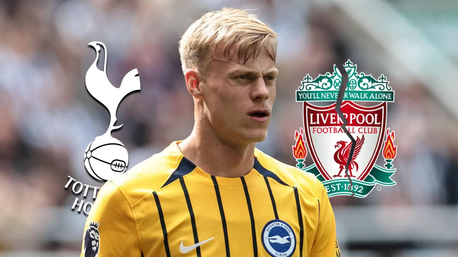 Jugador de Brighton con logotipos de Tottenham y Liverpool