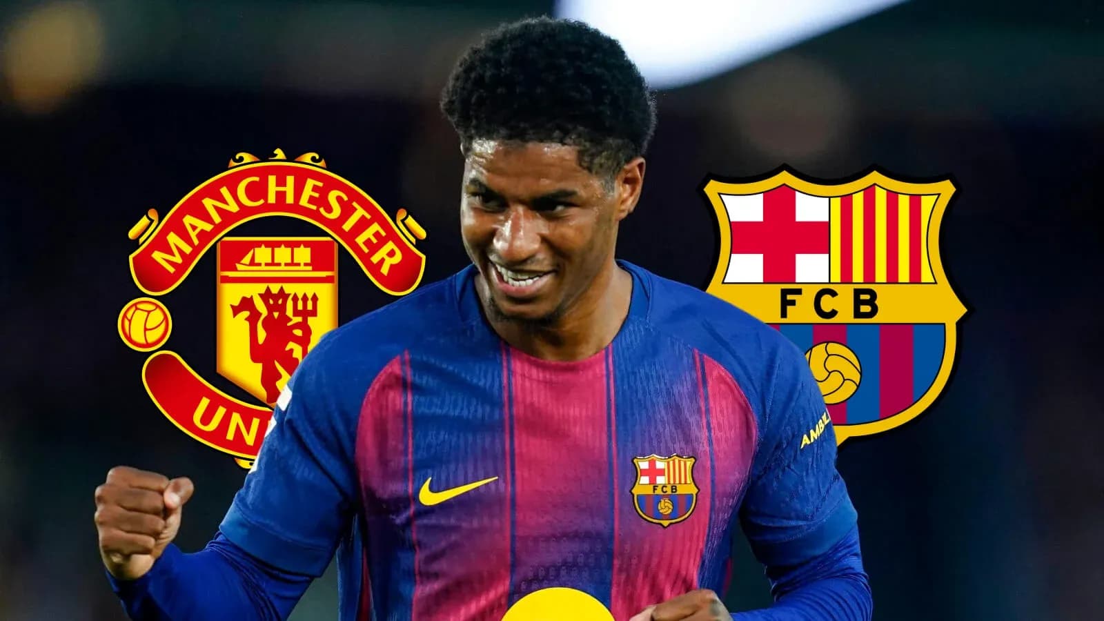 Jugador de fútbol con camisetas de Manchester y Barcelona