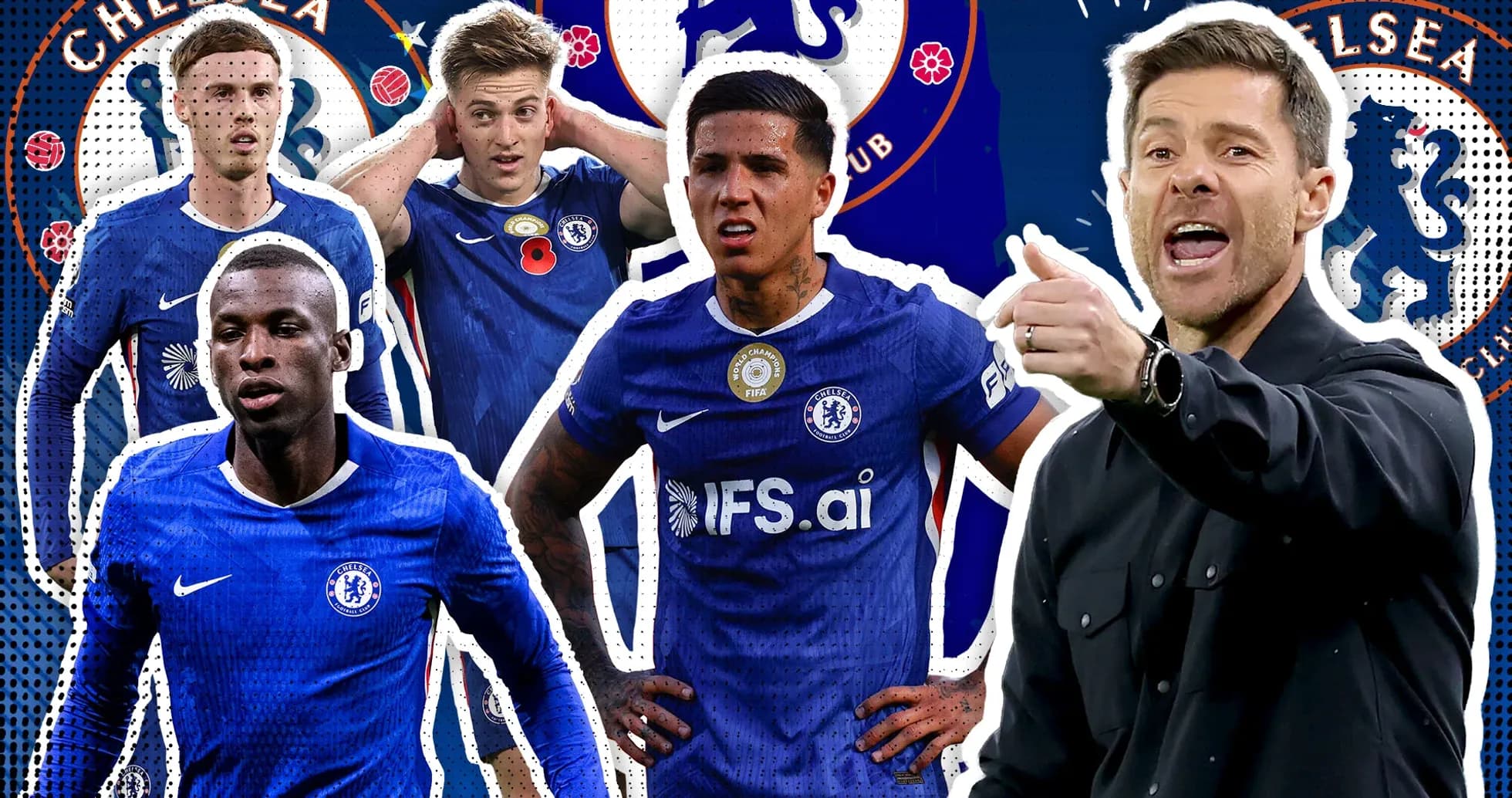 Jugadores y entrenador de Chelsea en fondo gráfico