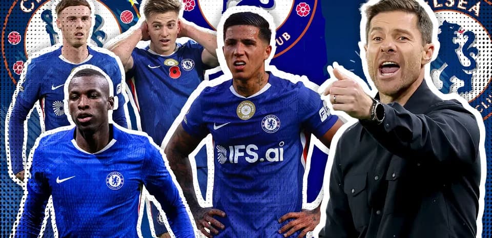 Jugadores y entrenador de Chelsea en fondo gráfico