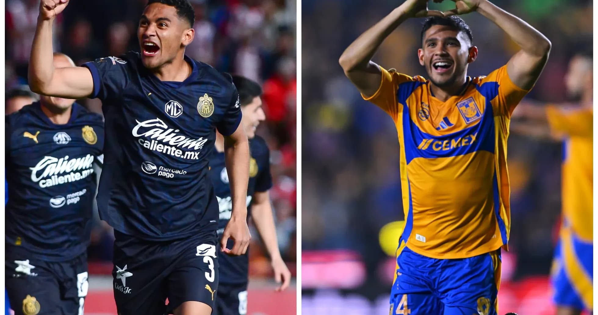 Jugadores de Chivas y Tigres celebrando un gol