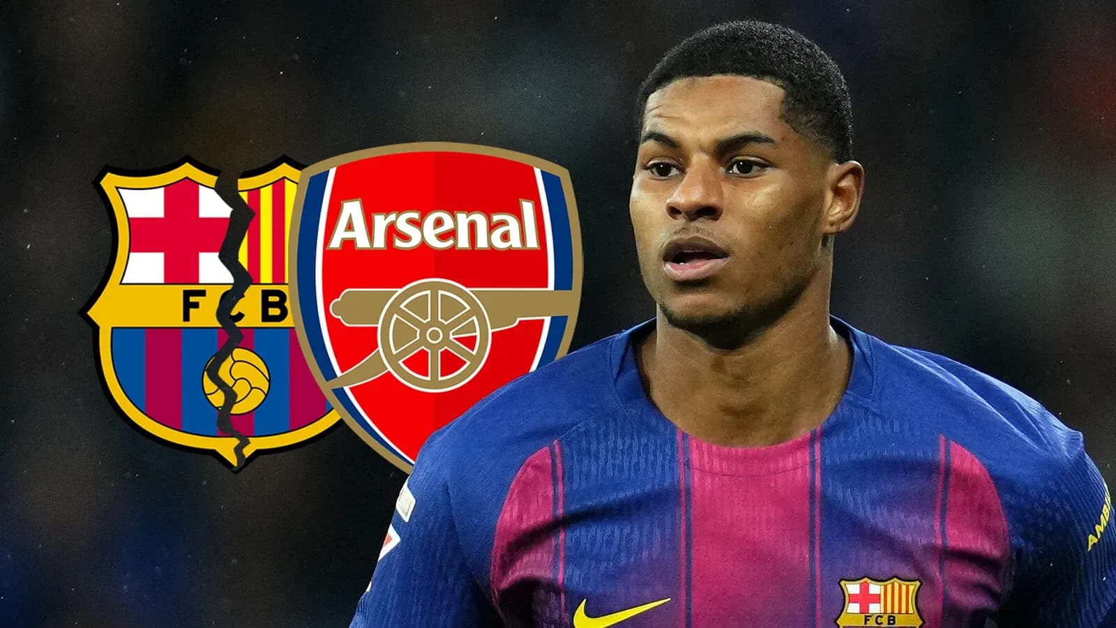 Jugador de Barcelona con logotipos de Arsenal y Barcelona
