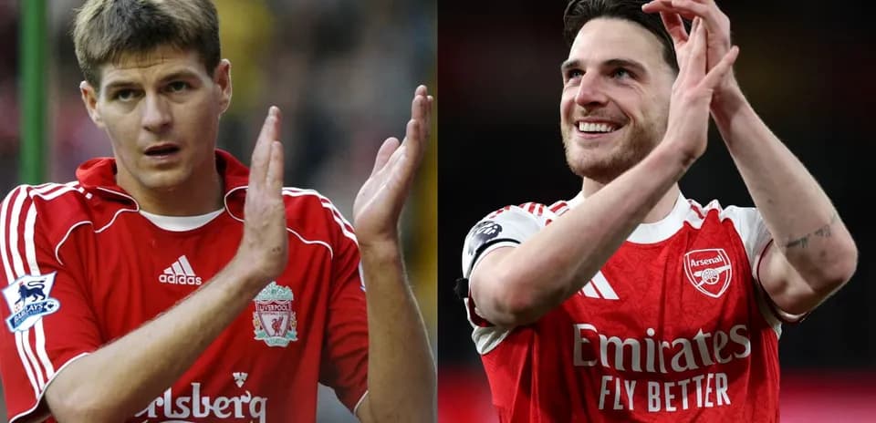 Steven Gerrard y Declan Rice aplaudiendo en sus camisetas