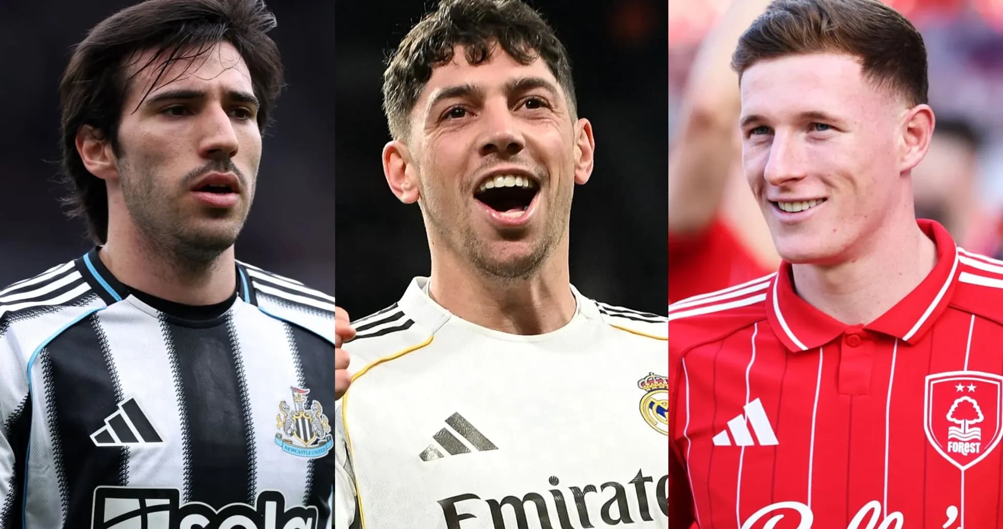 Tres jugadores de fútbol en sus uniformes de equipo