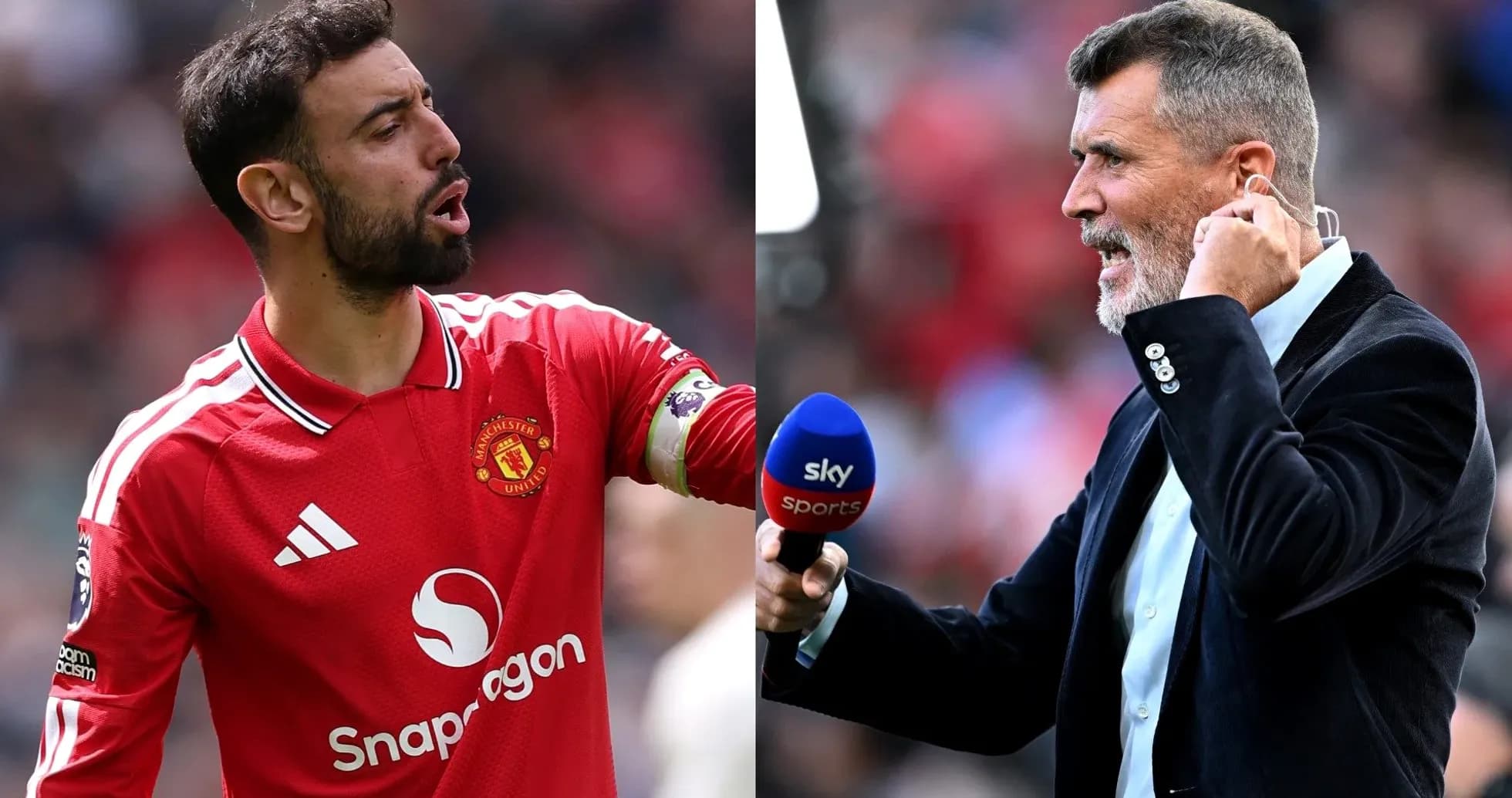 Bruno Fernandes y Roy Keane en conferencia