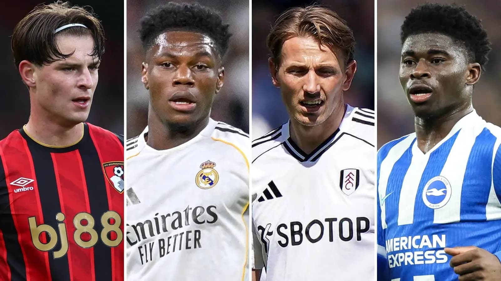 Cuatro jugadores de fútbol en sus camisetas de clubes