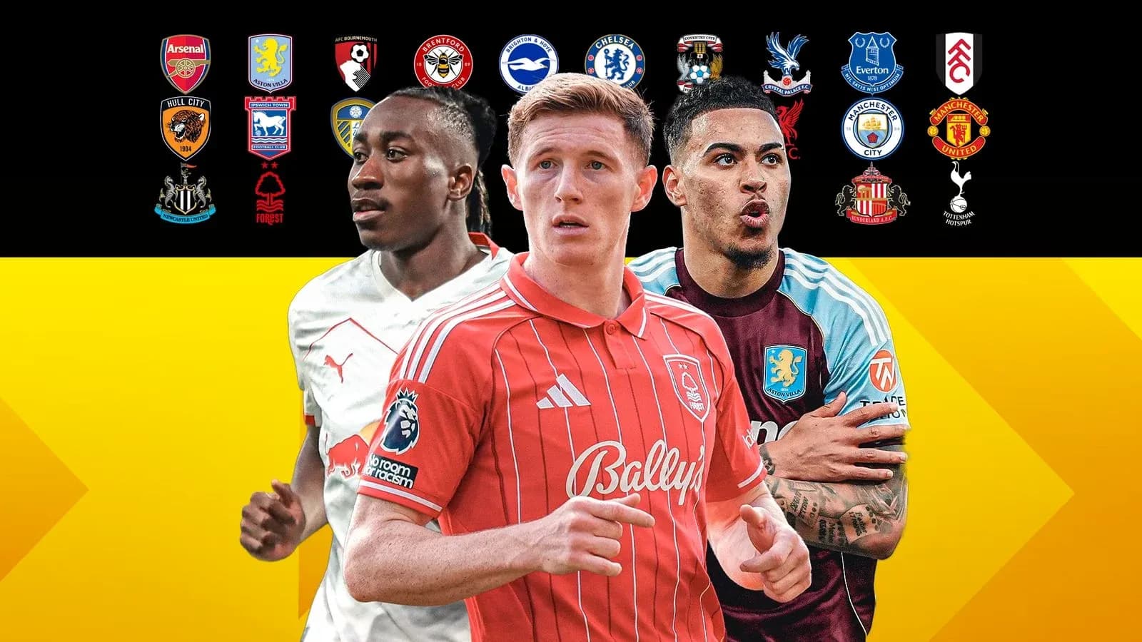 Jugadores de fútbol con logotipos de clubes en fondo