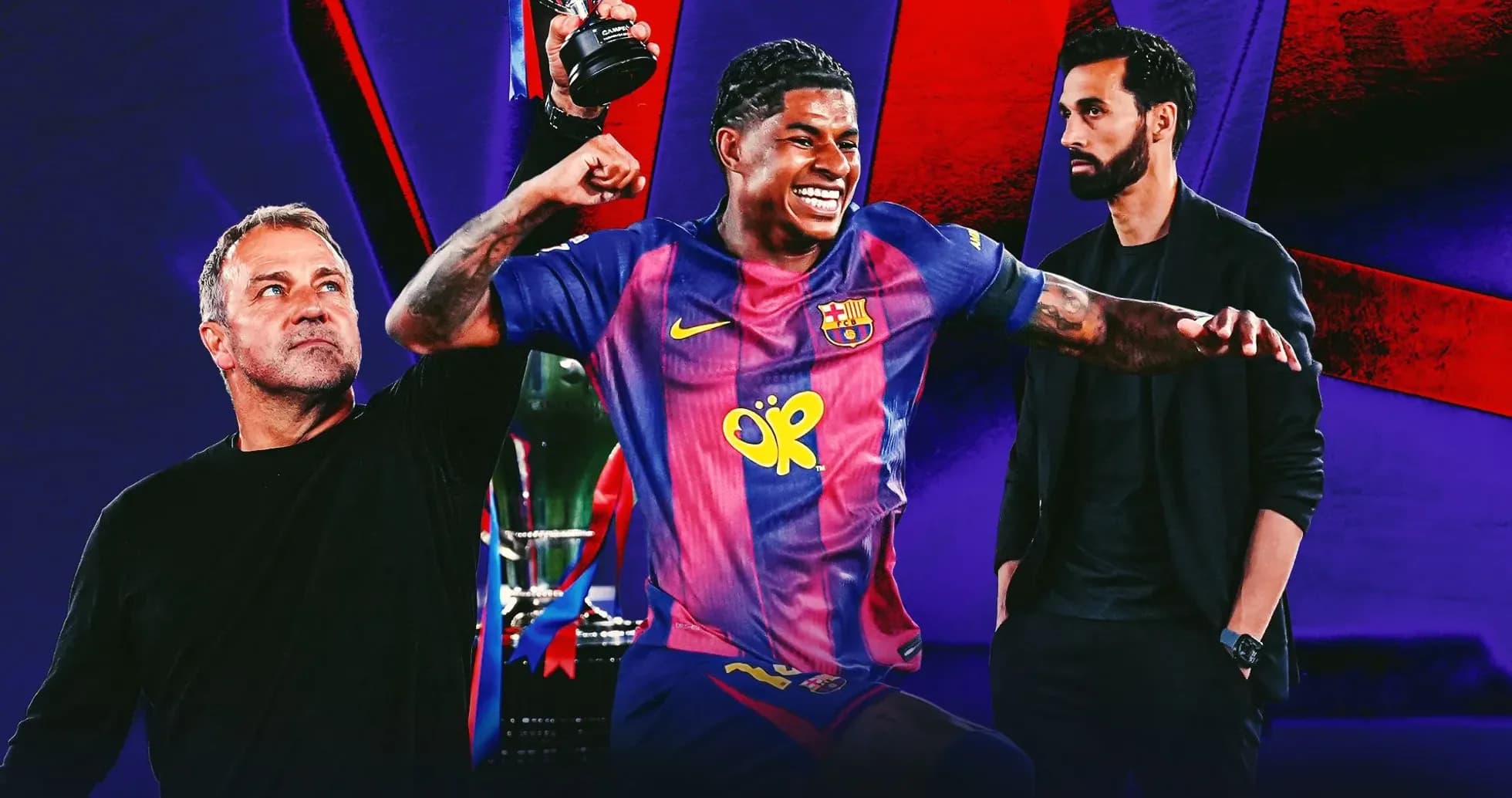 Jugador de Barça celebrando con trofeo, dos personas observando