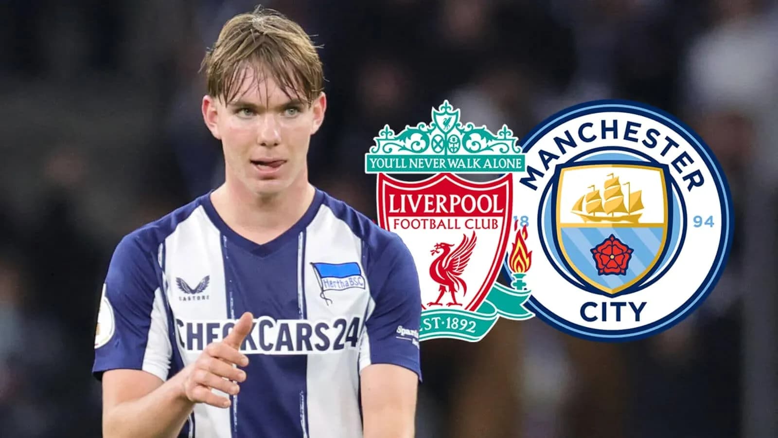 Jugador señalando con logos de Liverpool y Manchester City