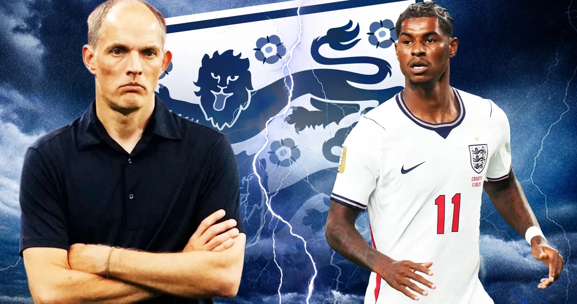 Entrenador y jugador de Inglaterra frente a fondo tormentoso