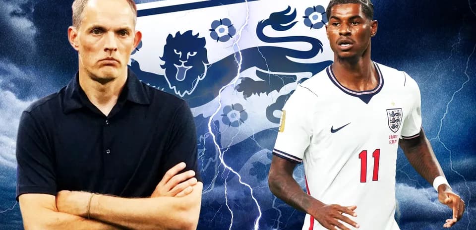 Entrenador y jugador de Inglaterra frente a fondo tormentoso
