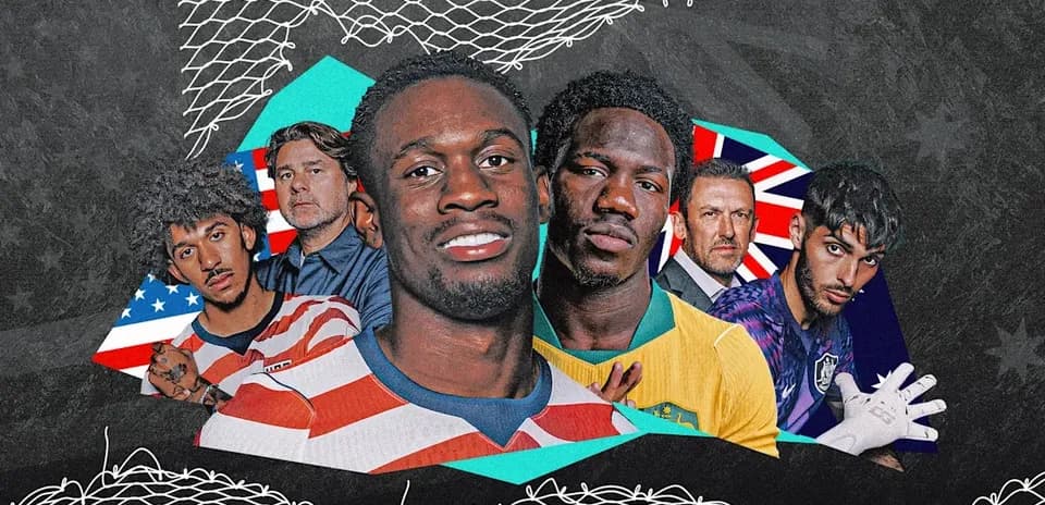 Jugadores de fútbol y entrenador en collage artístico