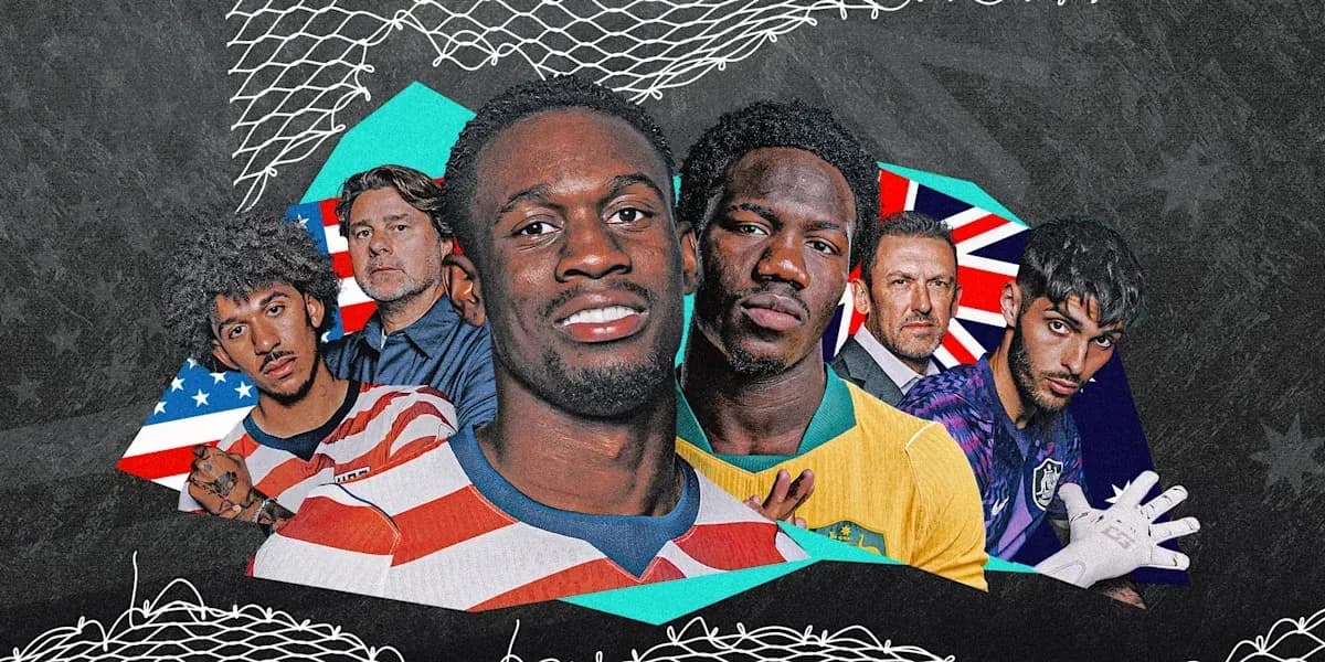 Jugadores de fútbol y entrenador en collage artístico