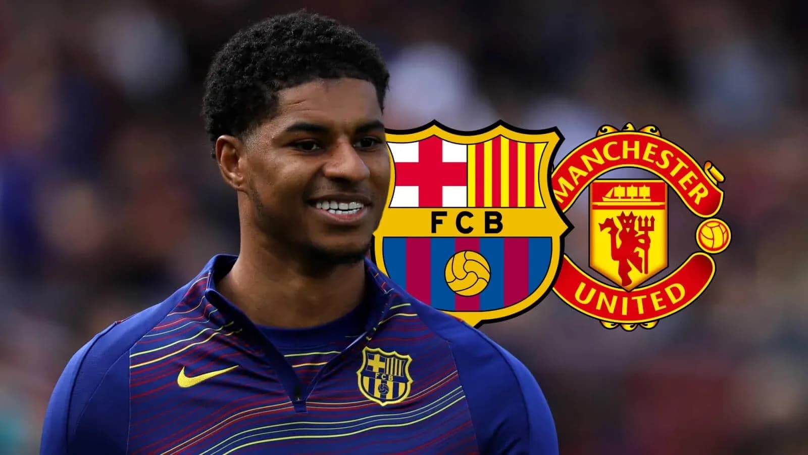 Jugador sonriendo con logos de Barcelona y Manchester United