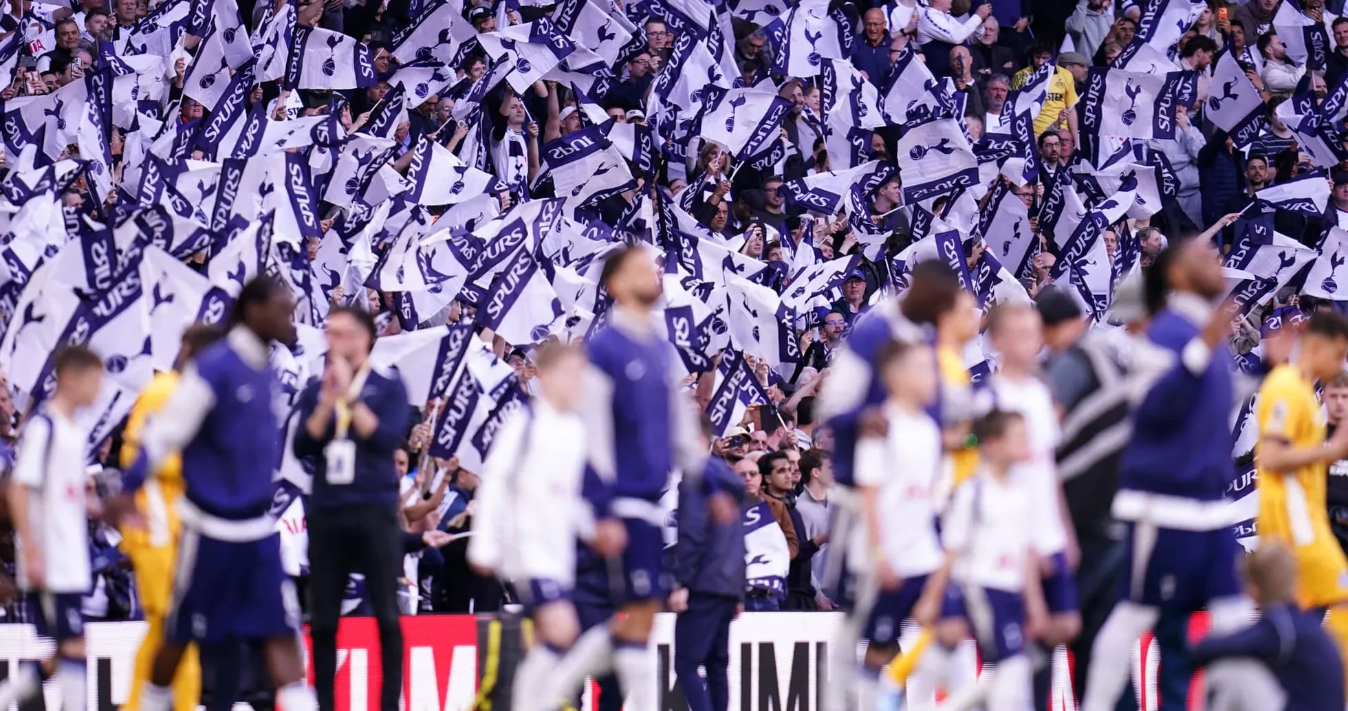 Aficionados agitando banderas de Tottenham en el estadio