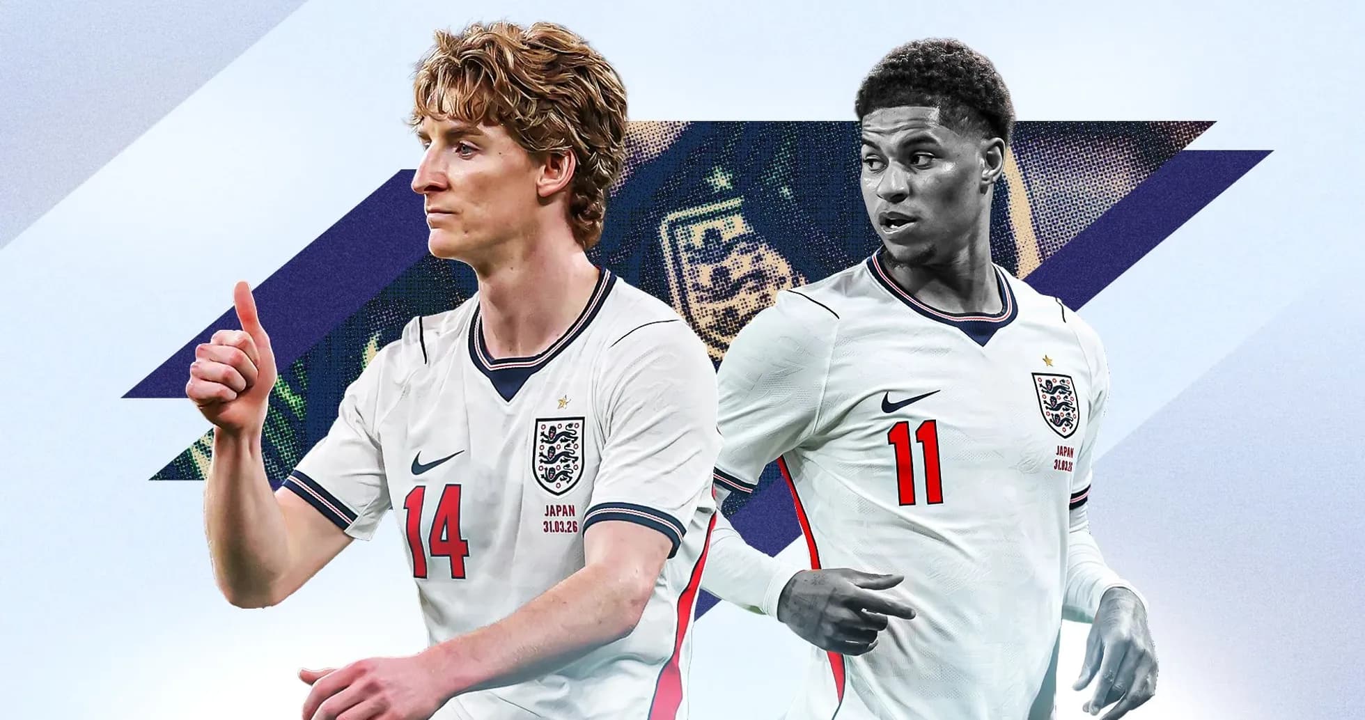 Jugadores de Inglaterra en uniforme, uno sonriendo