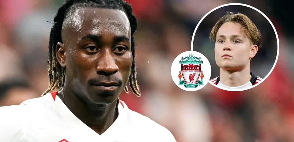 Jugador en primer plano con logo de Liverpool en imagen