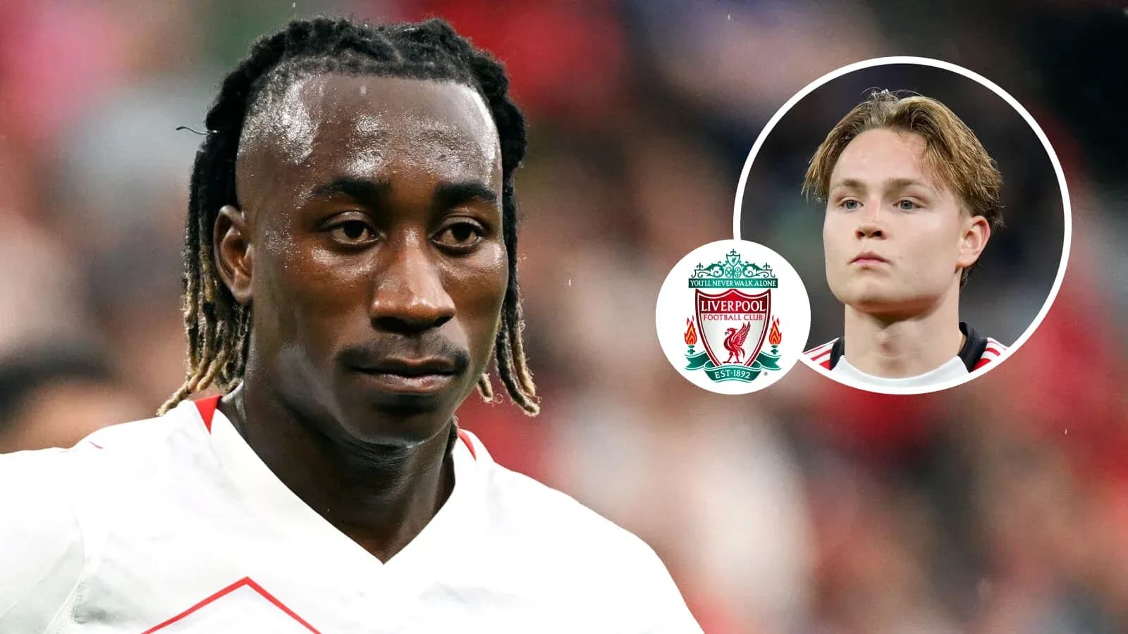 Jugador en primer plano con logo de Liverpool en imagen