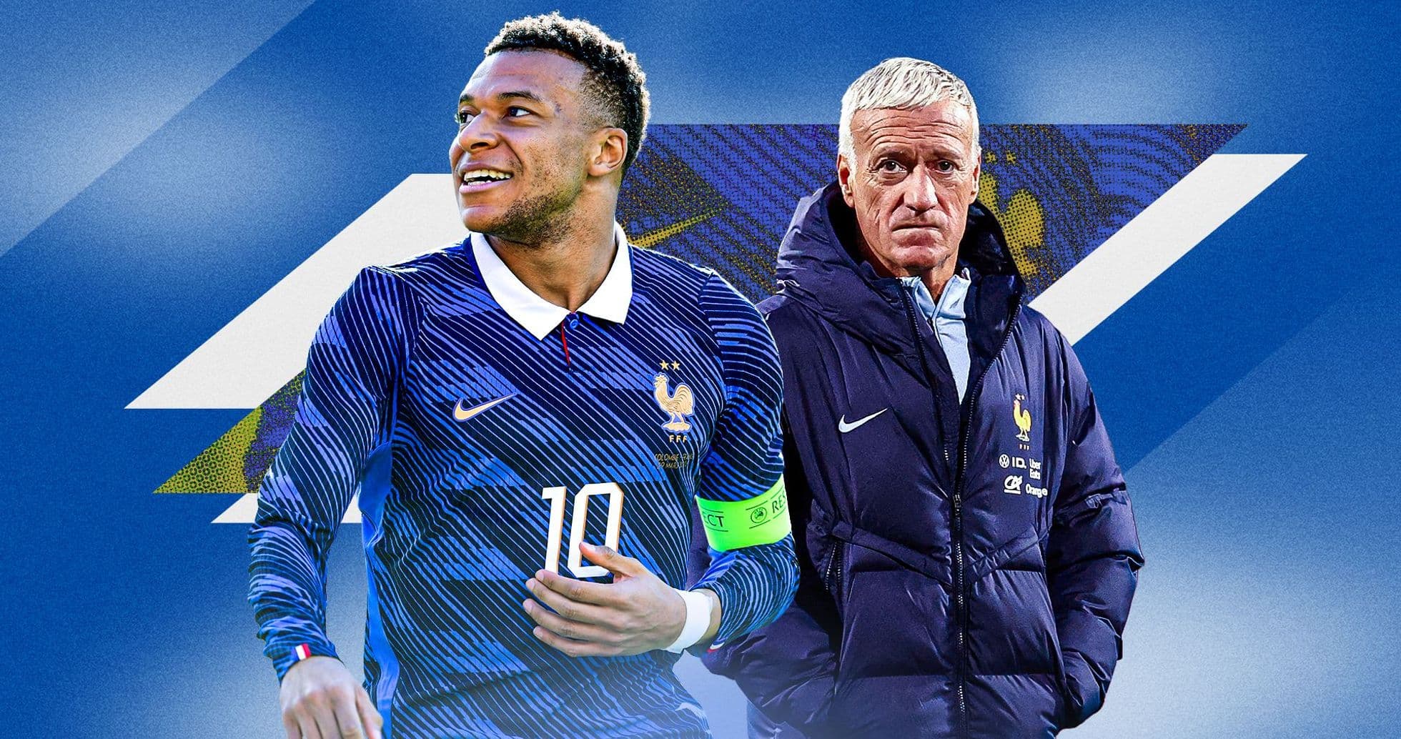 Kylian Mbappé y Didier Deschamps en fondo azul Kylian Mbappé y Didier Deschamps en fondo azul